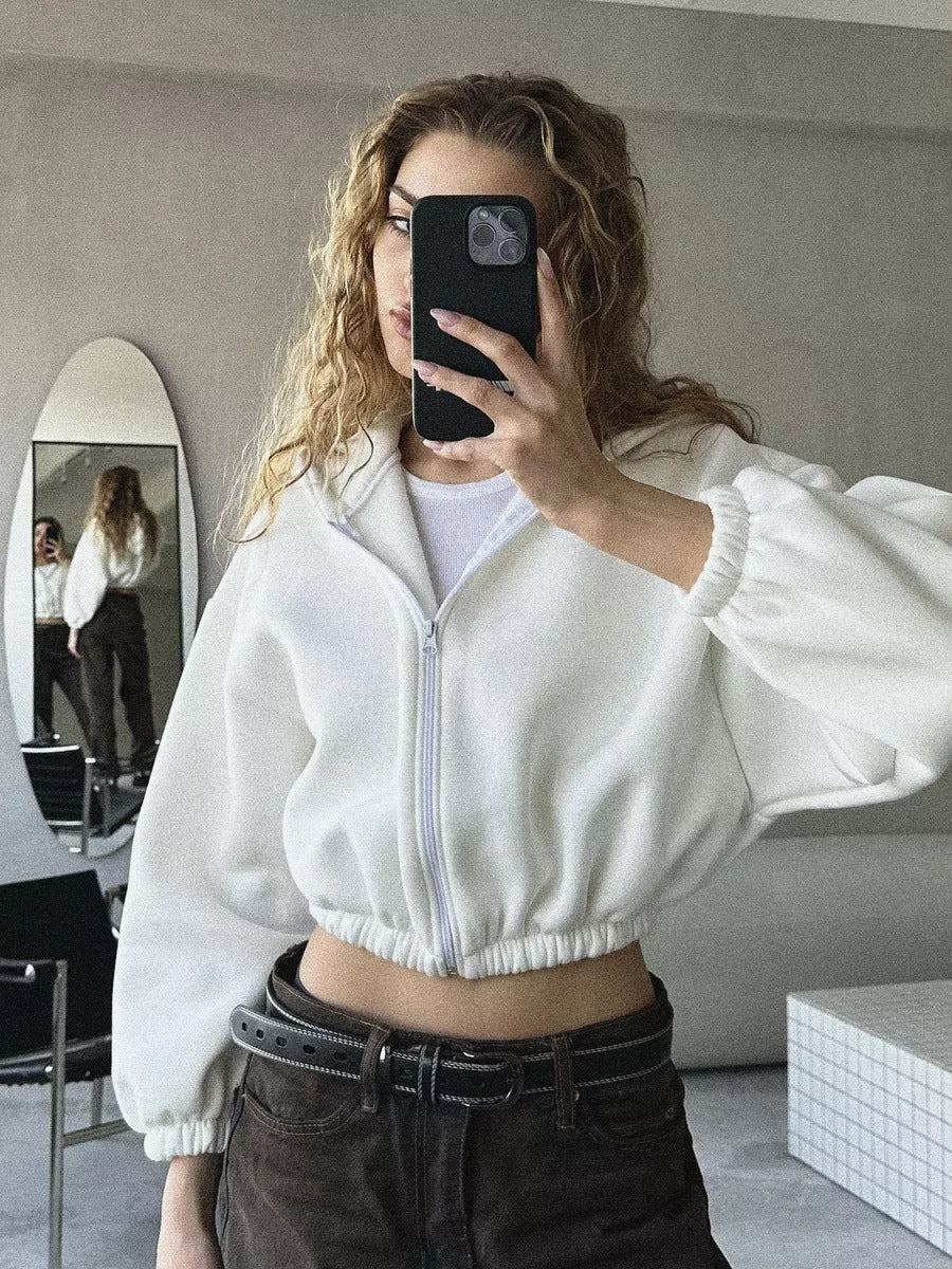 Damen nan oversized Kapuzenjacke kurz geschnitten mit elastischem Saum und Ballonärmeln Drune