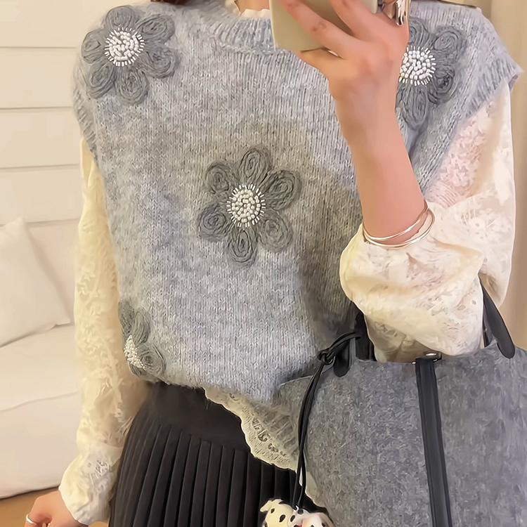 Damen Strickpullover mit floralen Applikationen und strukturierter Oberfläche Drune