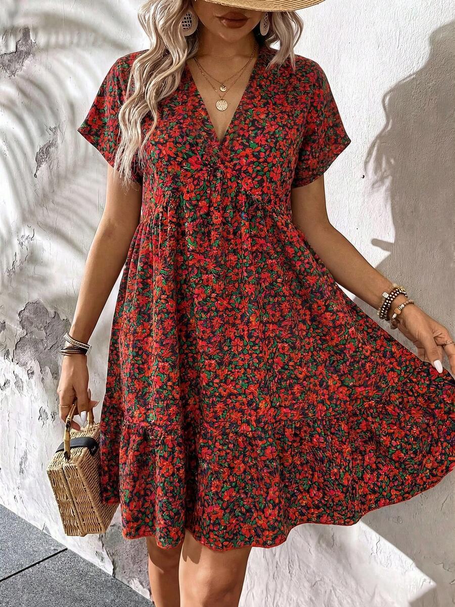 Damen Freizeitkleid mit floralem Muster und Rüschendetails Drune