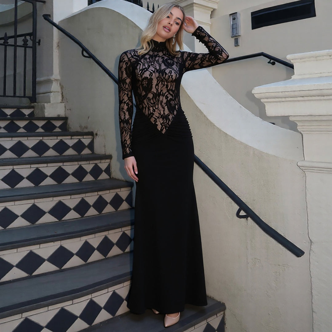 Damen Elegantes Maxikleid mit transparentem Spitzenoberteil und figurbetontem Schnitt Drune