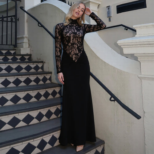 Damen Elegantes Maxikleid mit transparentem Spitzenoberteil und figurbetontem Schnitt Drune