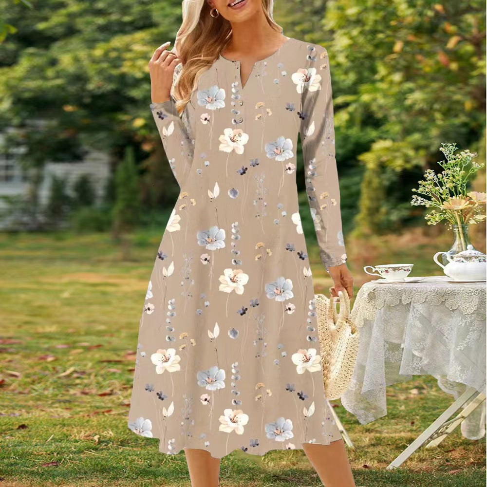 Damen Langarm Kleid mit floralem Design und durchgehender Knopfleiste Drune