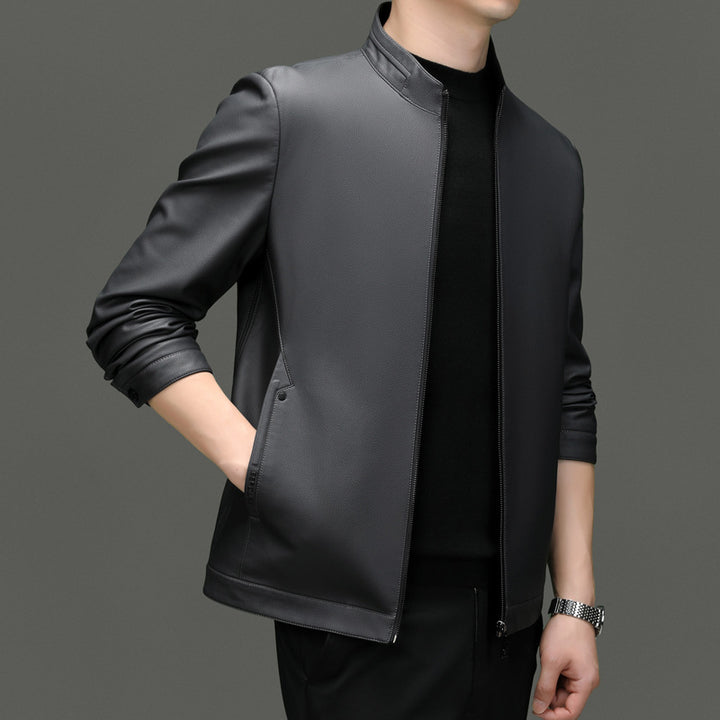 Herren moderne Kunstlederjacke mit hohem Stehkragen und praktischen Reißverschlusstaschen Drune