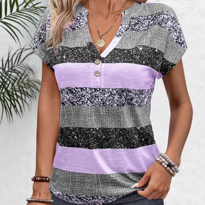 Damen nan gestreiftes Viskosemix-Relaxshirt mit V-Ausschnitt, Krempelärmeln und dekorativer Knopfleiste Drune
