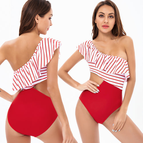Damen Einteiler Badeanzug mit asymmetrischem Schnitt und raffinierten Rüschendetails Drune