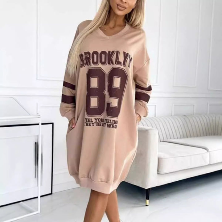 Damen Oversized Freizeitkleid im Sport-Look mit V-Ausschnitt Drune