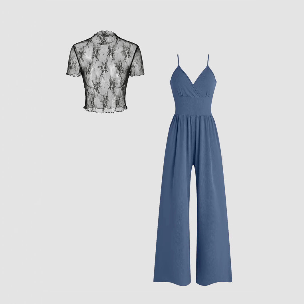 Damen elegantes V-Ausschnitt Jumpsuit mit transparenter Bluse Drune