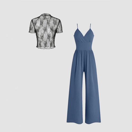 Damen elegantes V-Ausschnitt Jumpsuit mit transparenter Bluse Drune