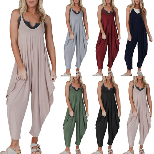Damen bequemer Jumpsuit mit lässigem Schnitt und tiefem V-Ausschnitt Drune