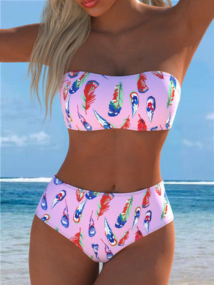 Damen Bandeau-Bikini mit einzigartigem Federmuster und hohem Taillenschnitt Drune