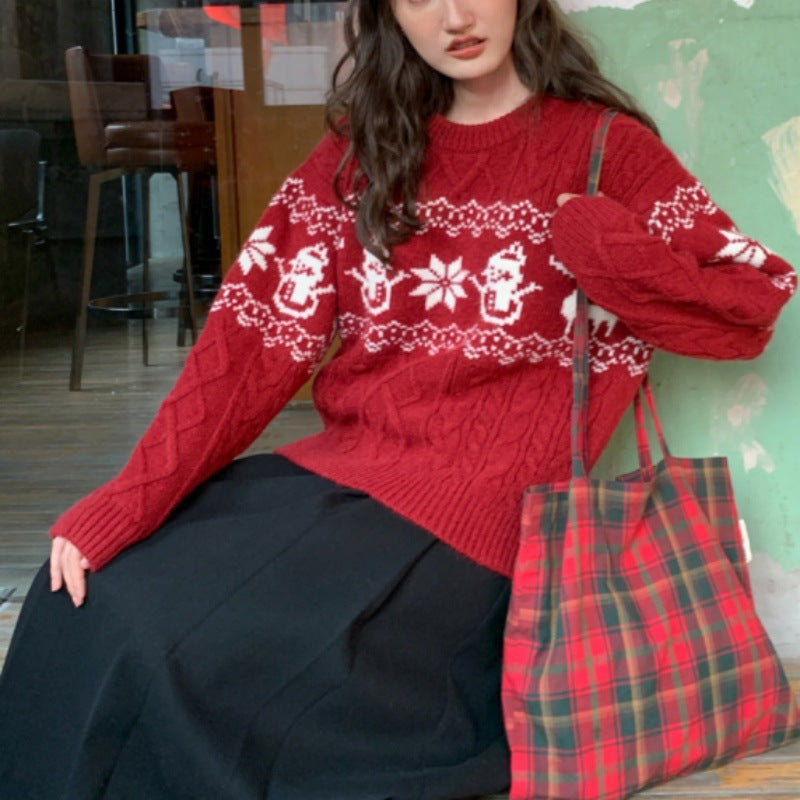 Damen Weihnachts-Pullover mit festlichem Zopfmuster und Schneemann-Motiv Drune