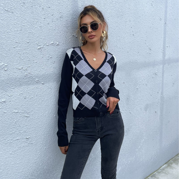 Damen Grafik Strickjacke mit modernem V-Ausschnitt und klassischem Karomuster Drune