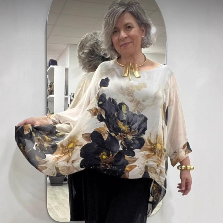 Damen nan luftige Chiffon-Tunika mit Fledermausärmeln asymmetrischem Saum und floralem Druck Drune