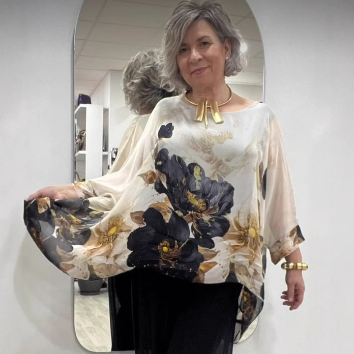 Damen nan luftige Chiffon-Tunika mit Fledermausärmeln asymmetrischem Saum und floralem Druck Drune