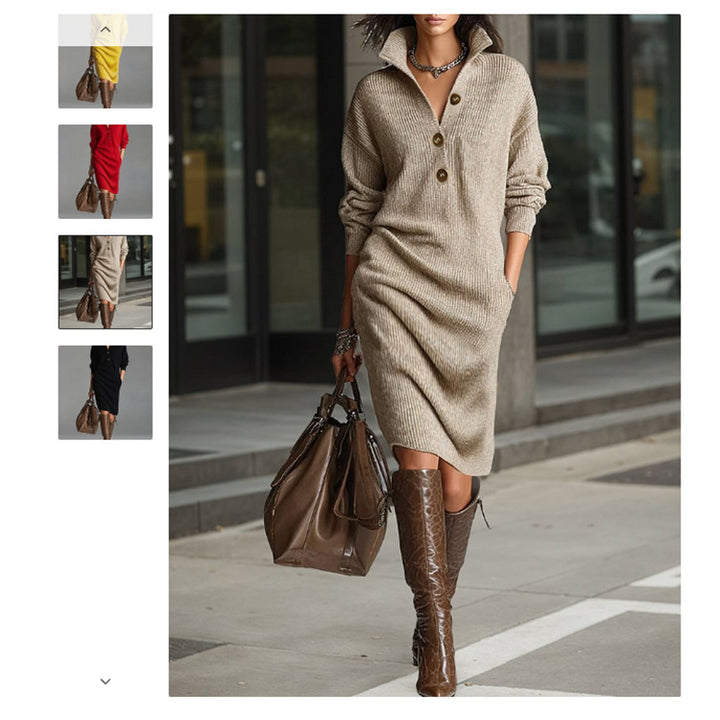 Damen nan gestricktes Pulloverkleid mit Polokragen, Eingrifftaschen und lässiger Passform Drune