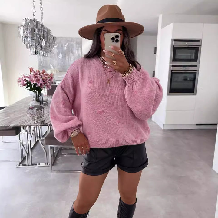 Damen kuscheliger Strickpullover mit Herzmotiv und weitem Schnitt Drune