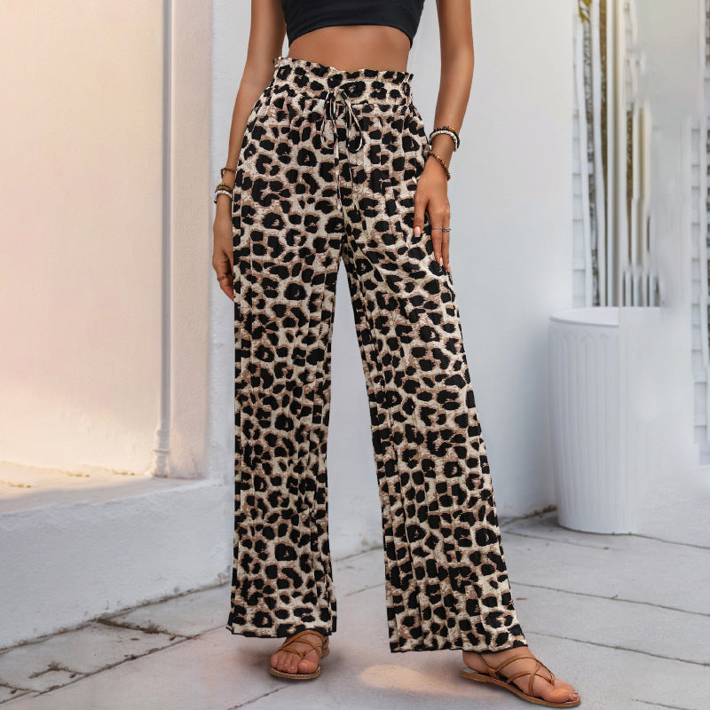 Damen Weit geschnittene Leinenhose mit elastischem Bund und trendigem Leopardenmuster Drune