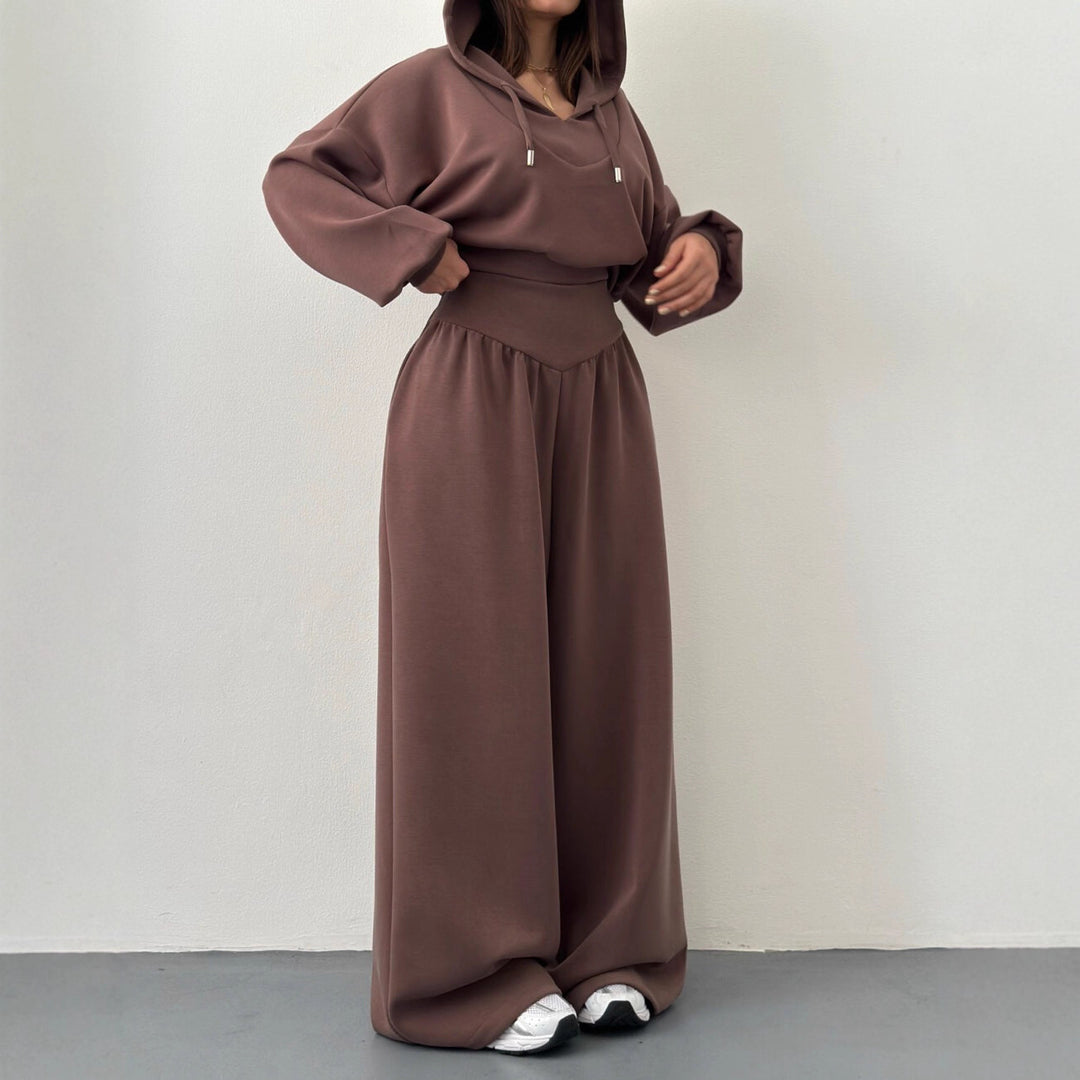 Damen nan luxuriöses Freizeitset Kapuzenpullover mit V-Ausschnittdetail und Culotte mit hoher Taille Drune