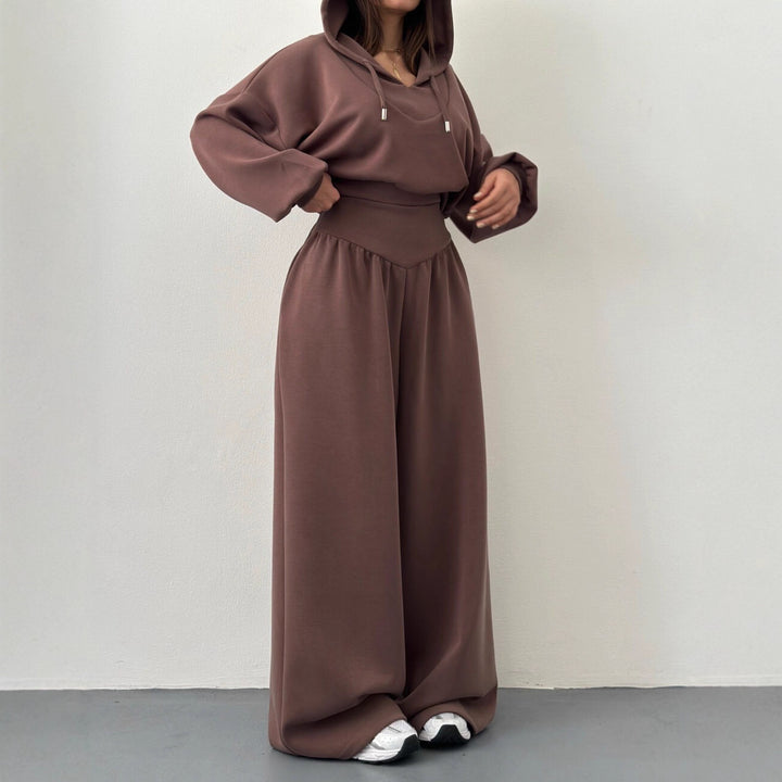 Damen nan luxuriöses Freizeitset Kapuzenpullover mit V-Ausschnittdetail und Culotte mit hoher Taille Drune