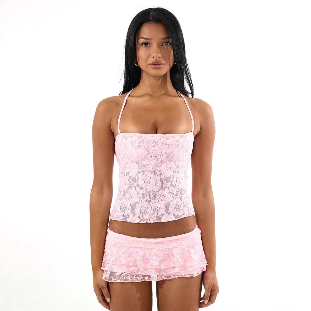 Damen Spaghetti-Träger Crop-Top mit Spitzenmuster Drune