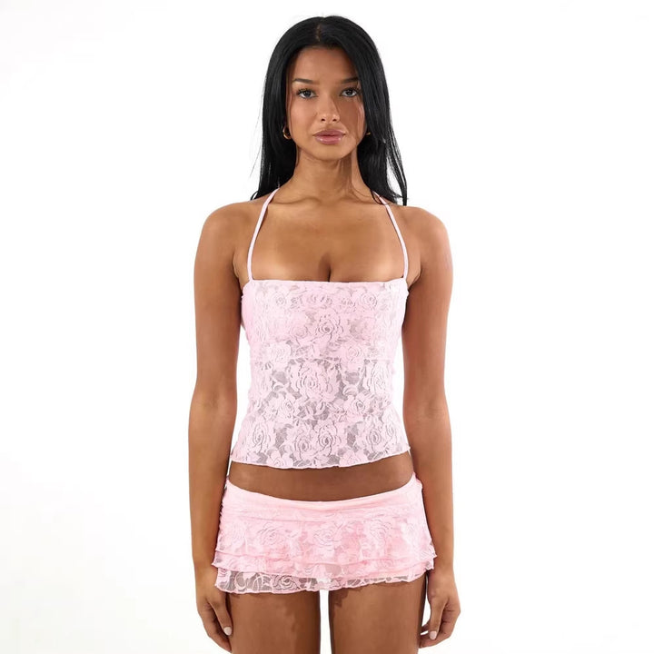Damen Spaghetti-Träger Crop-Top mit Spitzenmuster Drune