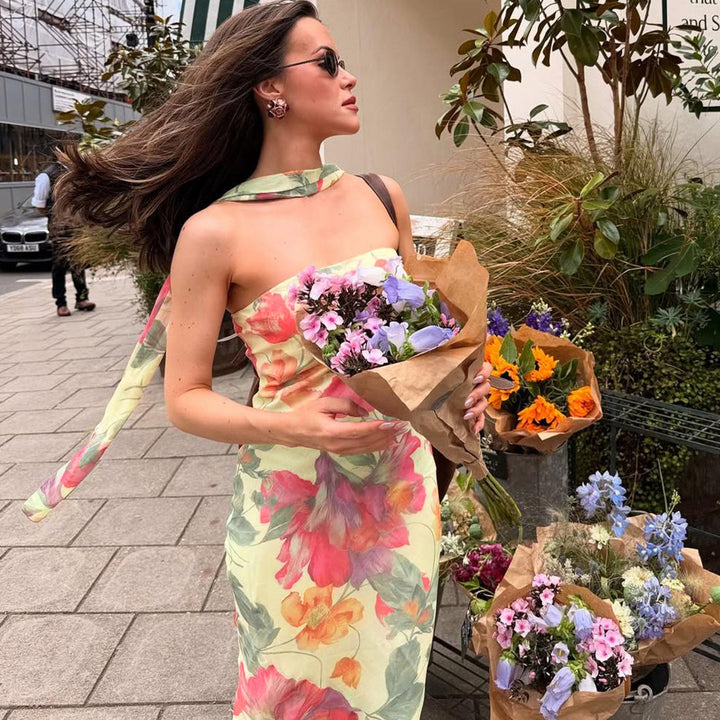 Damen Elegantes Maxikleid mit floralem Muster und schicker Rückenschnürung Drune