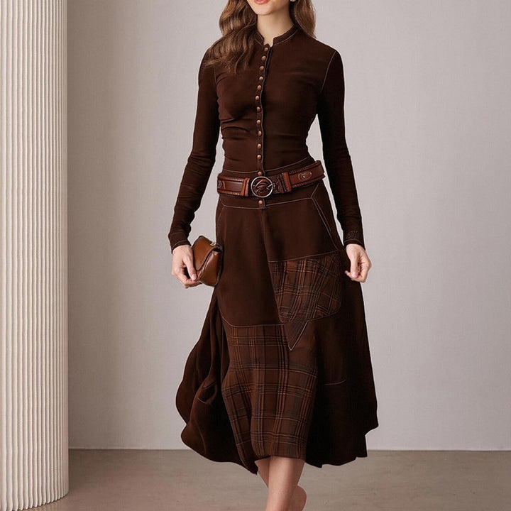 Damen Elegantes Midi-Kleid mit Knopfleiste und Kontrastdetails Drune