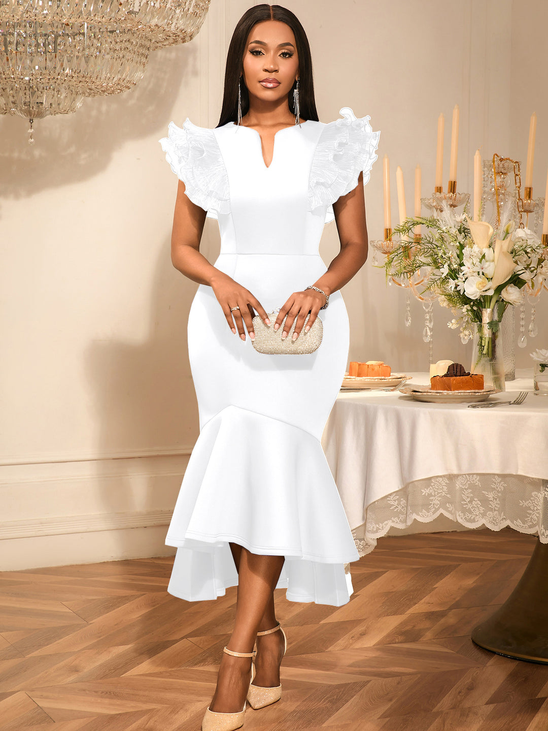 Damen figurbetontes Kleid mit voluminösen Rüschenärmel Drune