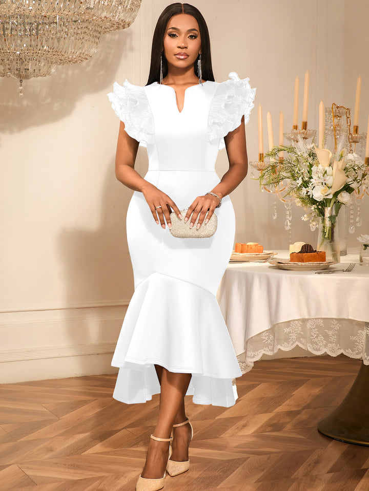 Damen figurbetontes Kleid mit voluminösen Rüschenärmel Drune