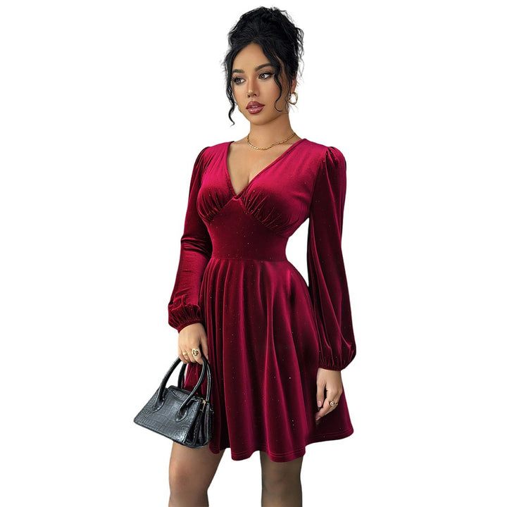 Damen Kurzarm Kleid mit eleganten Puffärmeln und V-Ausschnitt Drune
