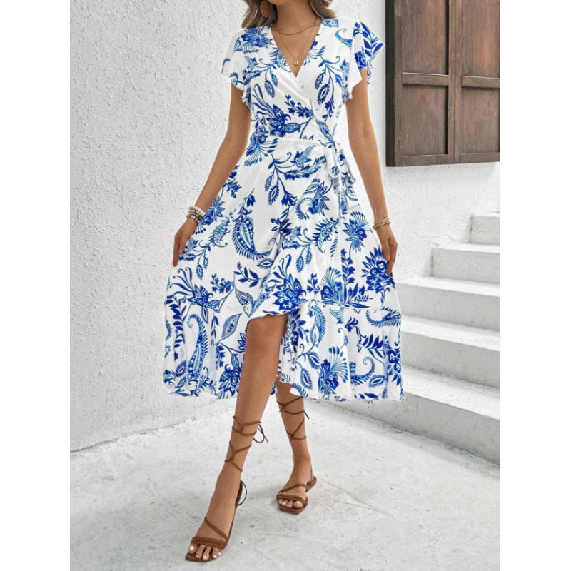 Damen Wickelkleid mit floralem Muster und fließendem Saum Drune