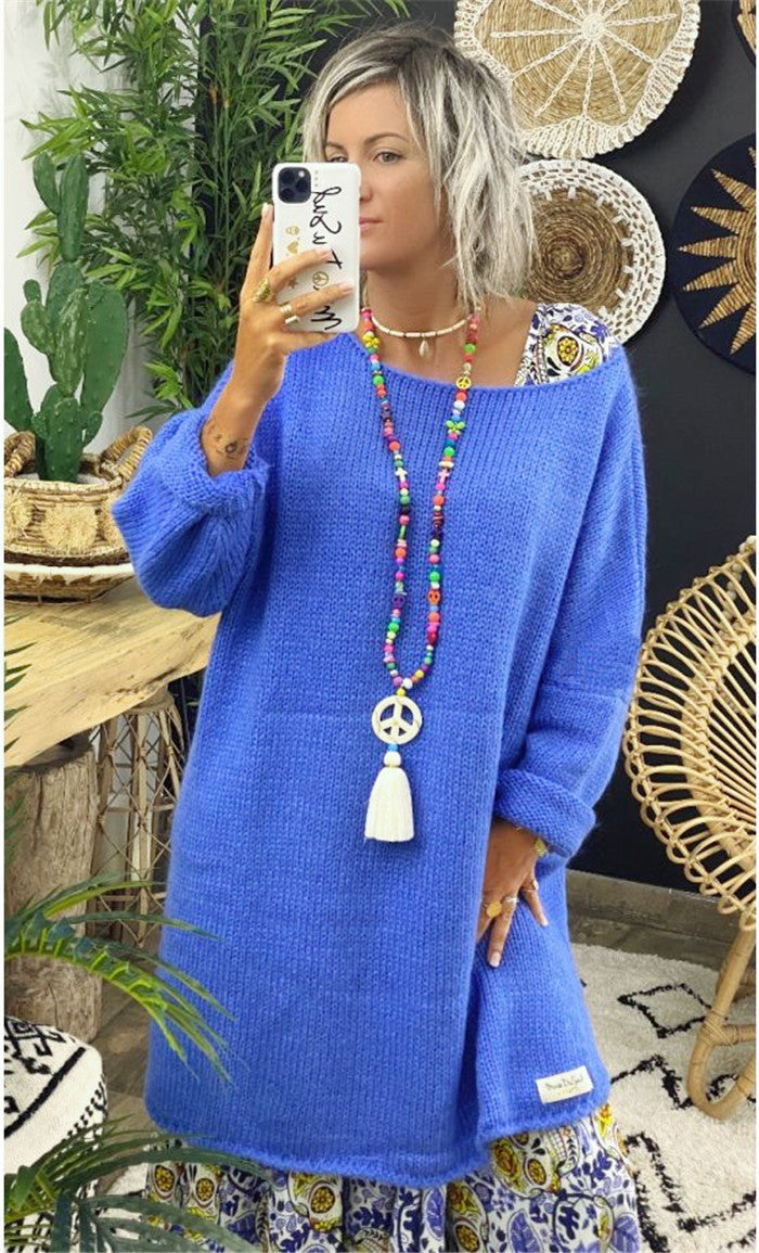 Damen lässiger Langarmstrickpullover im Oversized-Stil mit seitlichen Schlitzen Drune