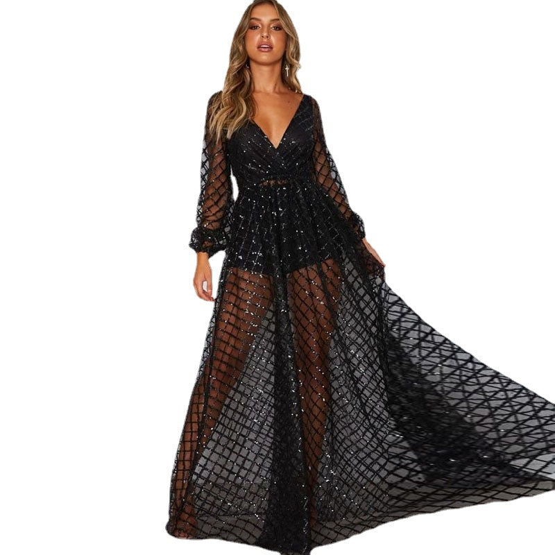 Damen Elegantes Transparenzkleid mit glanzvollen Akzenten Drune