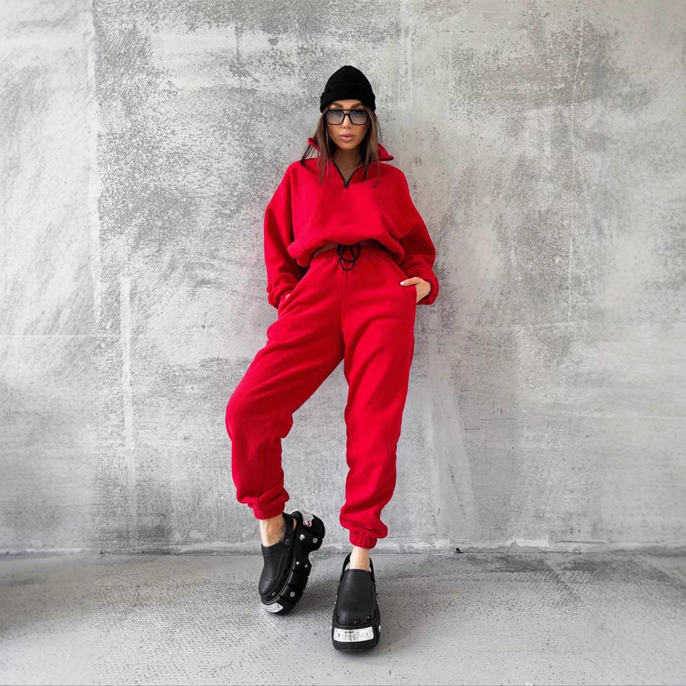 Damen Fleece-Lounge-Set mit hochschließendem Kragen und verstellbarem Bund Drune