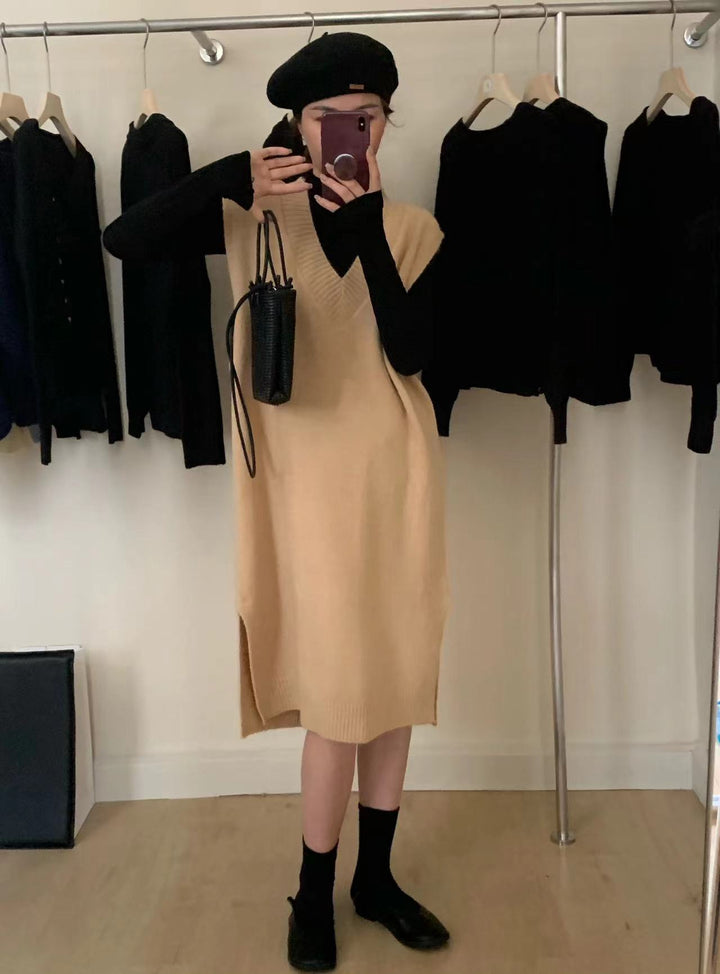 Damen Strickkleid mit elegantem V-Ausschnitt und seitlichem Schlitz Drune