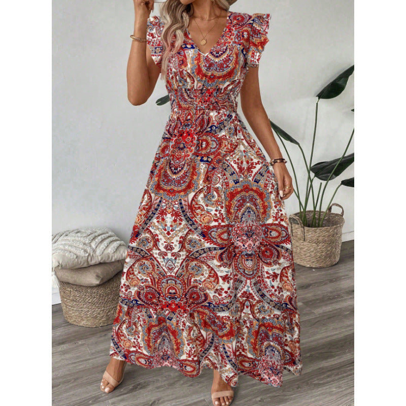 Damen Maxikleid mit raffinierten Volantärmeln und aufwendig floralem Muster Drune
