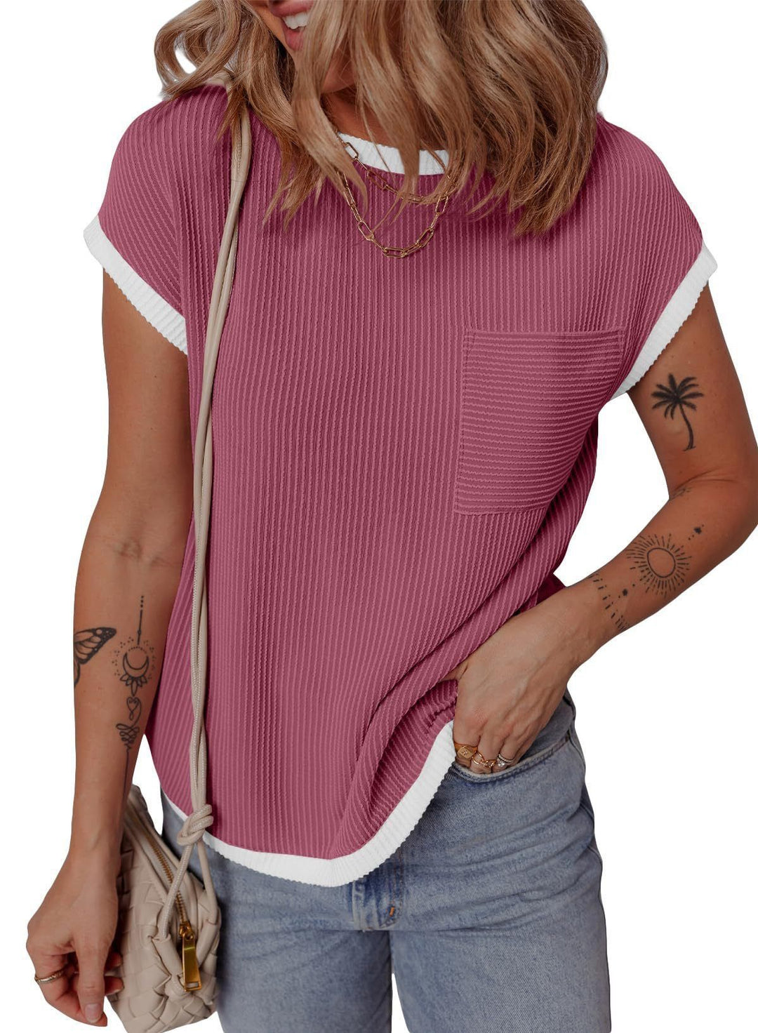Damen modisches T-Shirt mit strukturiertem Material und Brusttasche Drune