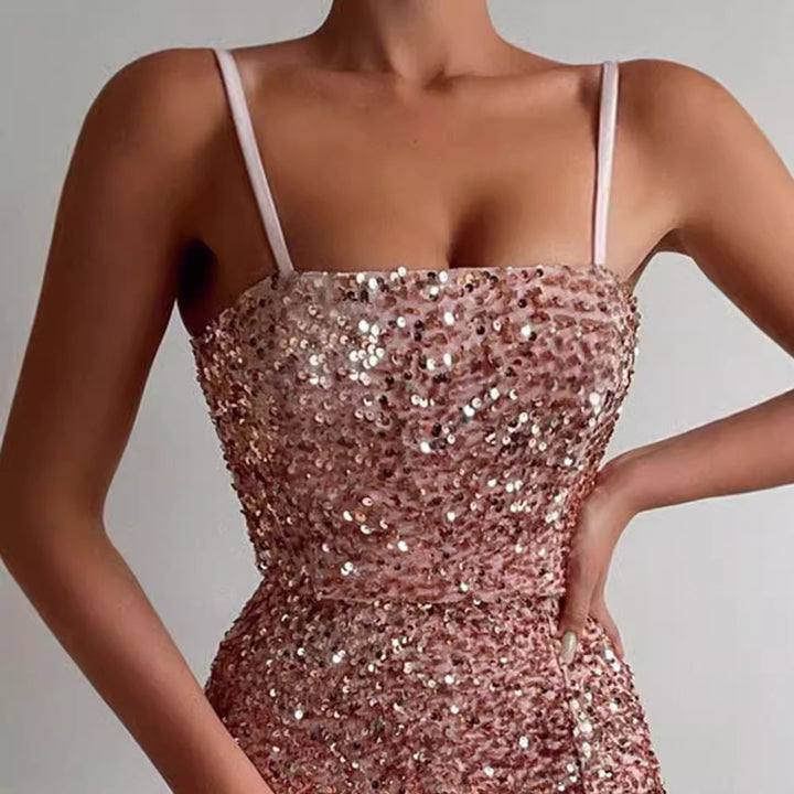Damen Glamouröses Pailletten-Kleid mit Schlitzen und Spaghetti-Trägern Drune