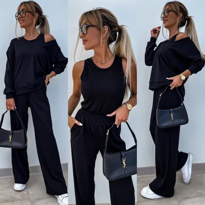 Damen nan elegantes Rippstrick-Zweiteiler Lounge-Set mit einseitigem Schulterfreischnitt und weitem Palazzo-Hosenbein Drune