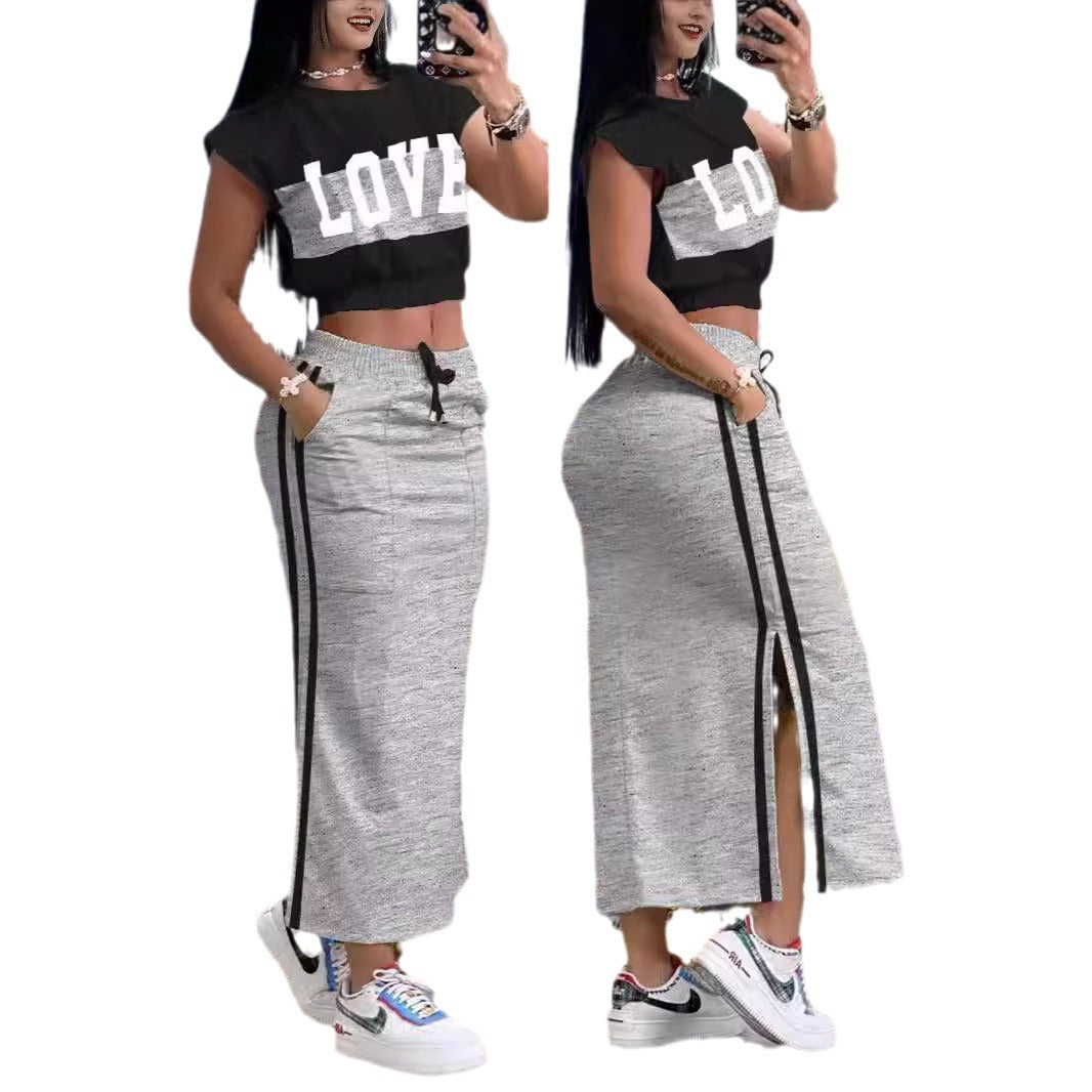 Damen Sportliches Crop-Top und Maxirock Set Drune