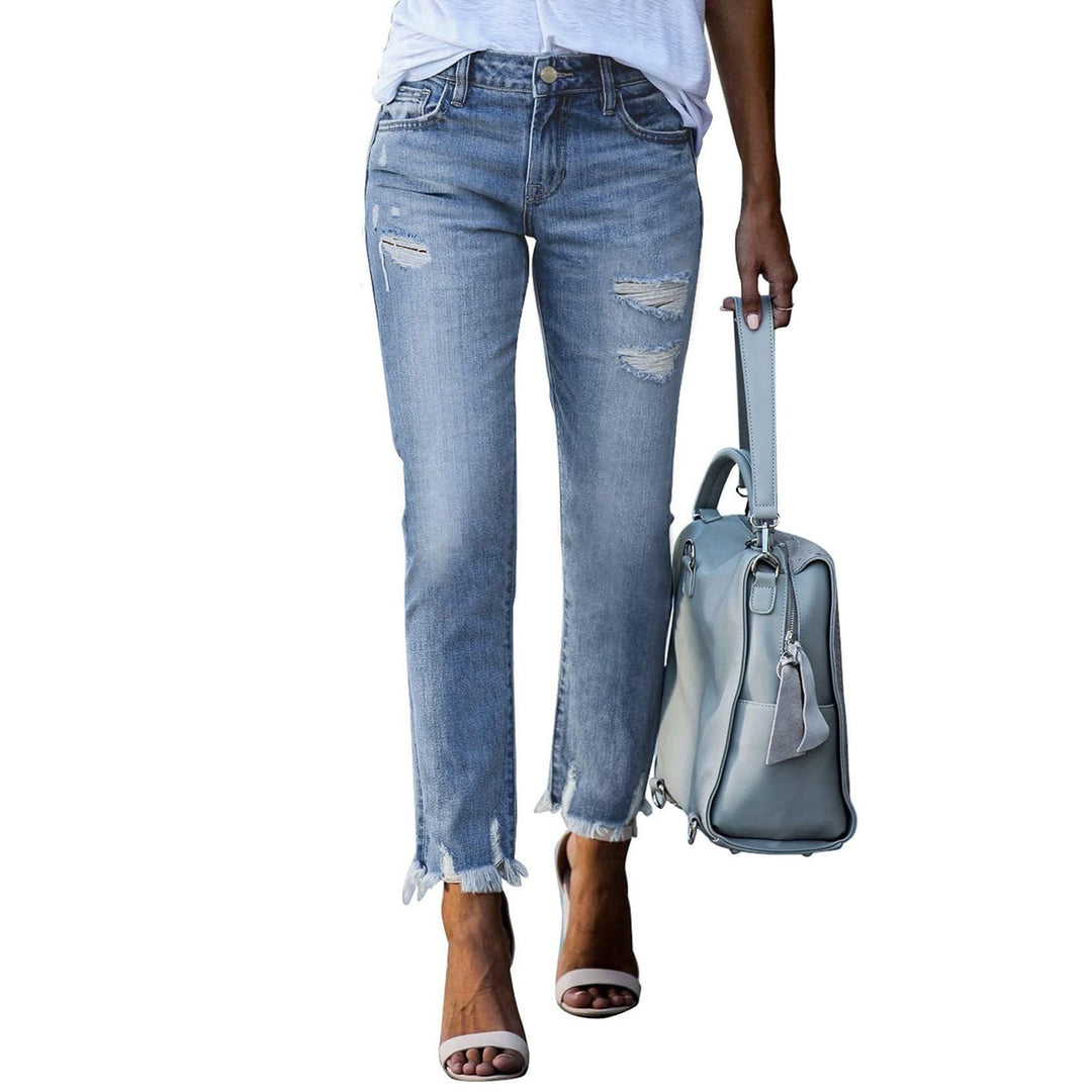Damen Vintage Slim-Fit Jeans mit fransigem Saum und modischen Rissen Drune