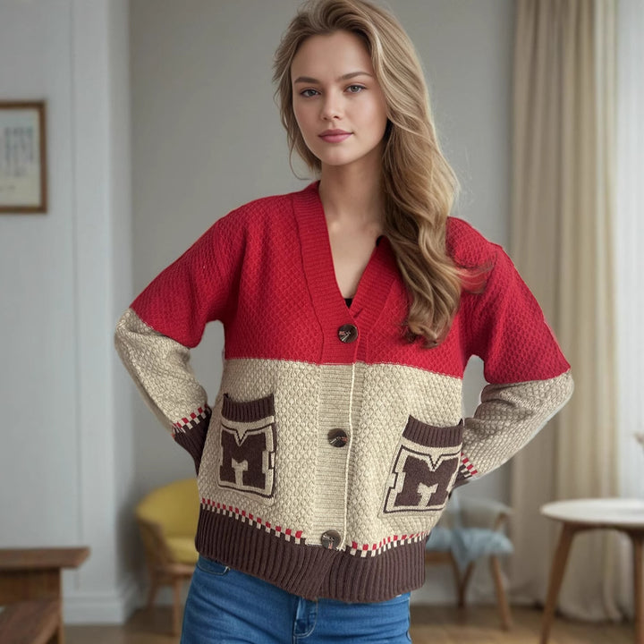 Damen gemütliche Strickjacke mit tiefem V-Ausschnitt und dekorativen Taschen Drune