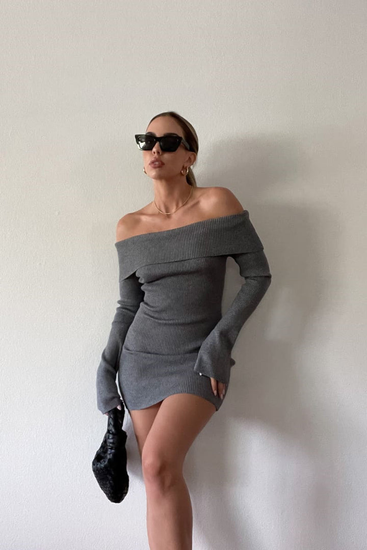 Damen figurbetontes, off-shoulder Strickkleid mit langen Ärmeln Drune