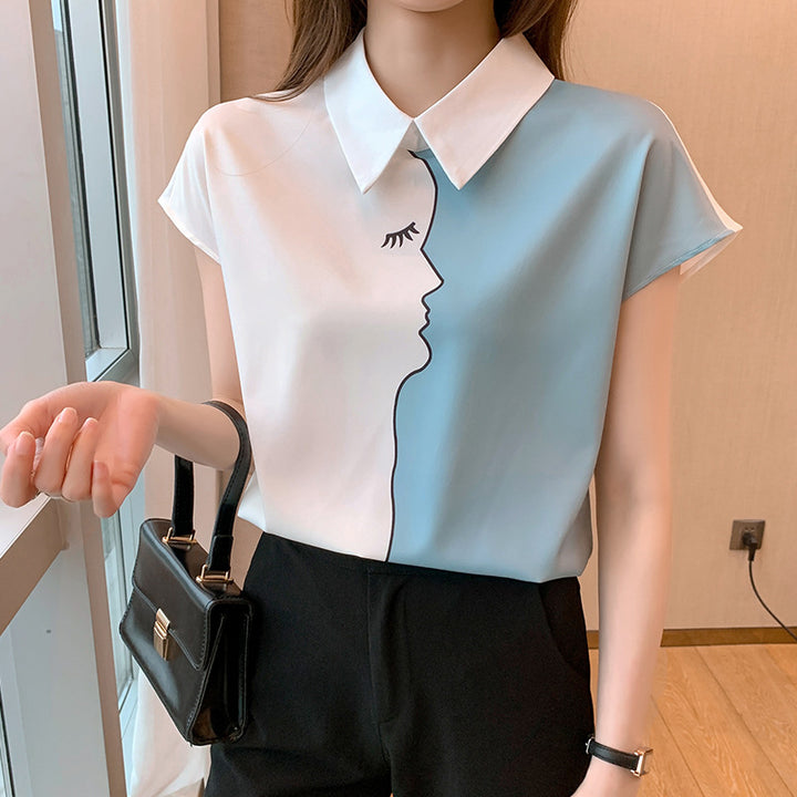 Damen kurzärmelige Bluse mit kreativem Gesichtsmotiv Drune