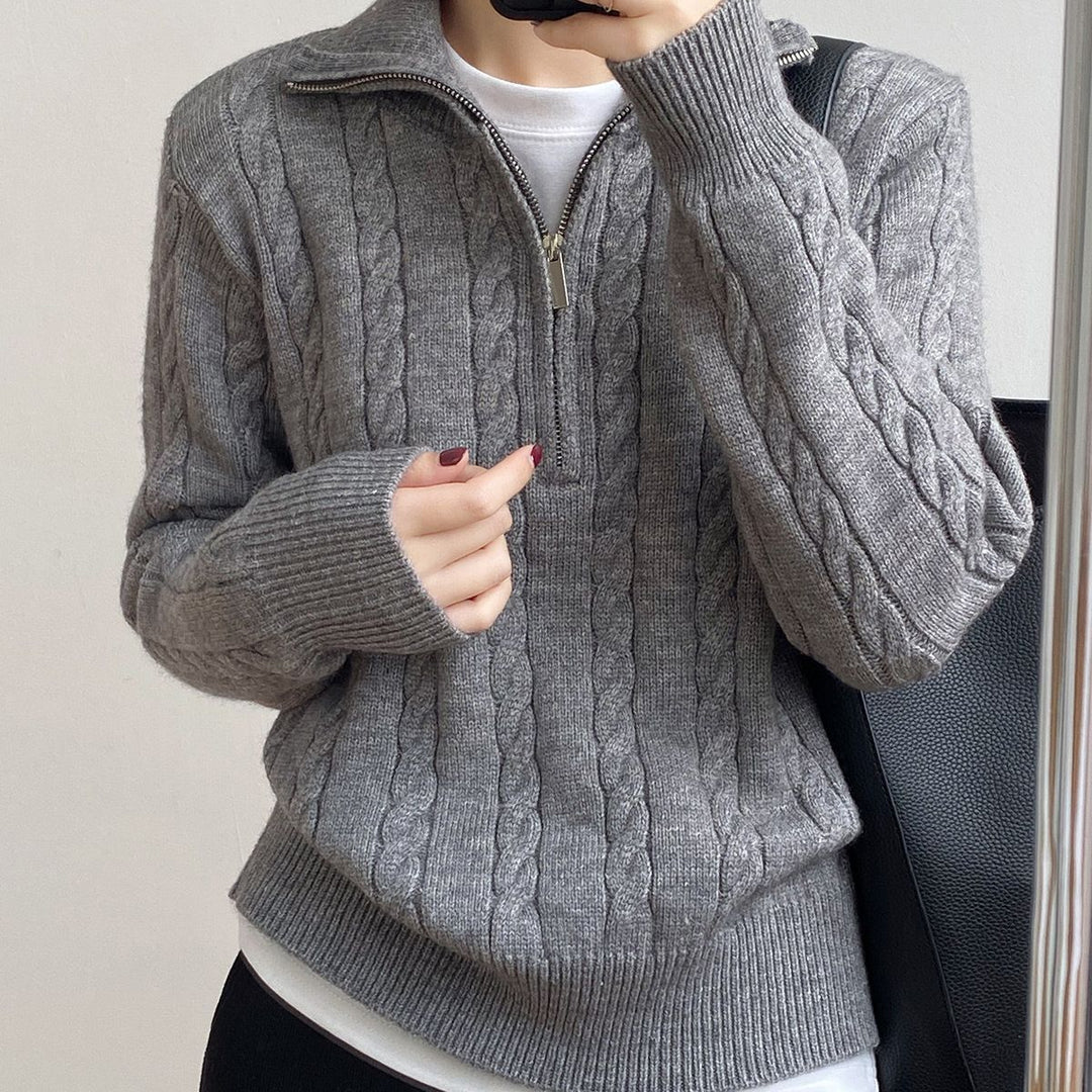 Damen Strickpullover mit Zopfdesign und modernem Stehkragen Drune