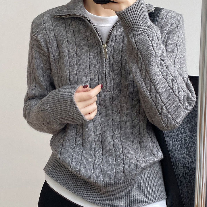 Damen Strickpullover mit Zopfdesign und modernem Stehkragen Drune
