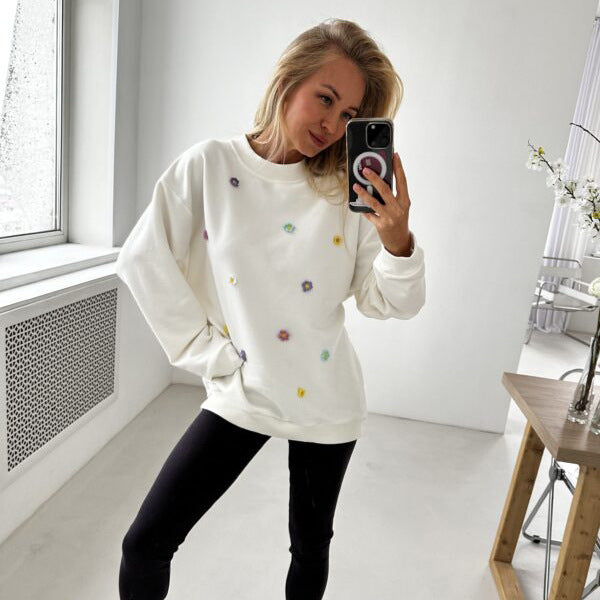 Damen bequemer Sweatshirt mit farbenfrohen Blumenapplikationen Drune