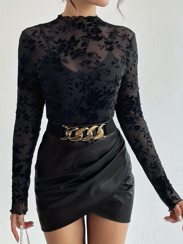 Damen nan transparentes Netzoberteil mit samtigem Floraldruck und Stehkragen Drune