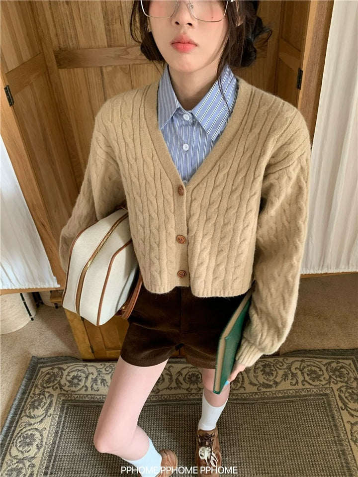 Damen lockerer Strickcardigan mit Zopfmuster und Knopfverschluss Drune