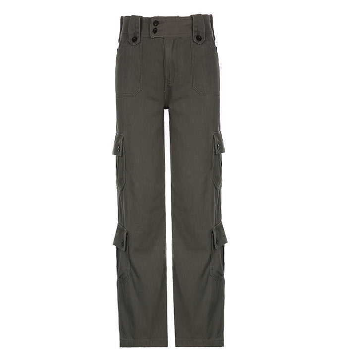 Damen nan hohe Taille Cargo-Hose mit geradem Bein, mehrfachen Klappentaschen und markanten Knopfdetails Drune